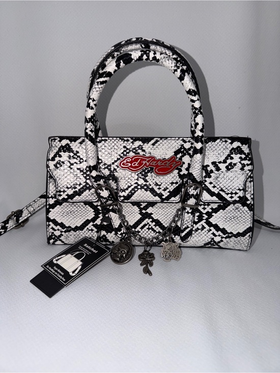 Ed Hardy Handbags - Ed Hardy Black & White Snake Print Satchel with Logo Charm